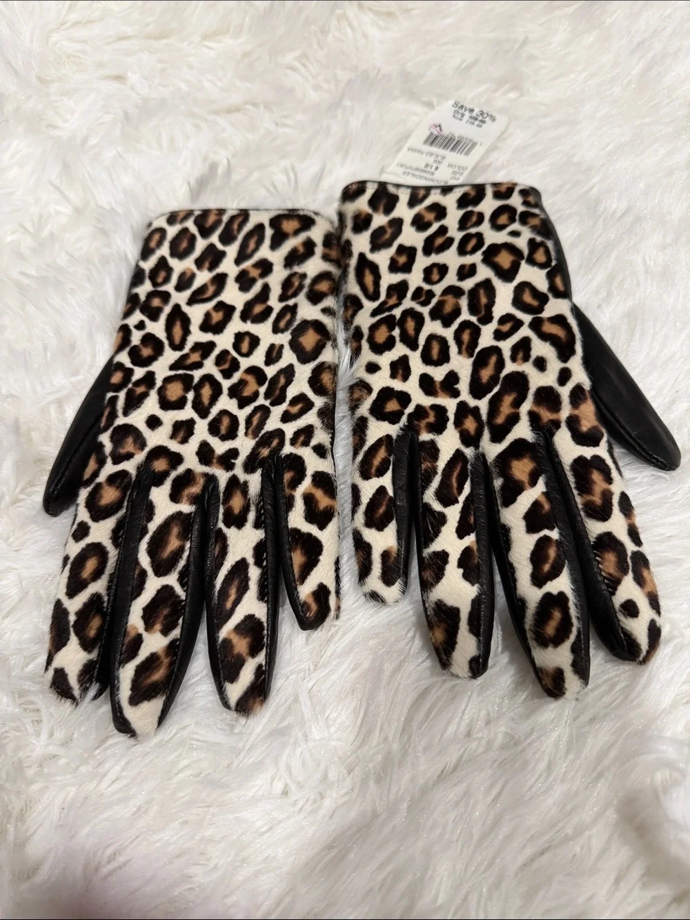 Bloomingdale's Black Leather Gloves with Leopard-Print Back
